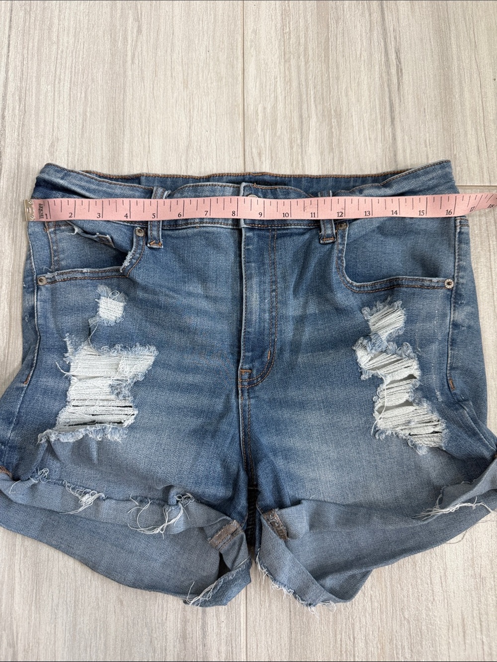 Aeropostale High-Rise Midi Distressed Denim Women’s long Shorts - Blue 14 - Picture 5 of 10